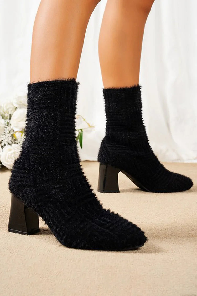 Fluffy Trim Pointed Toe Chunky Heel Pull On Mid Boots