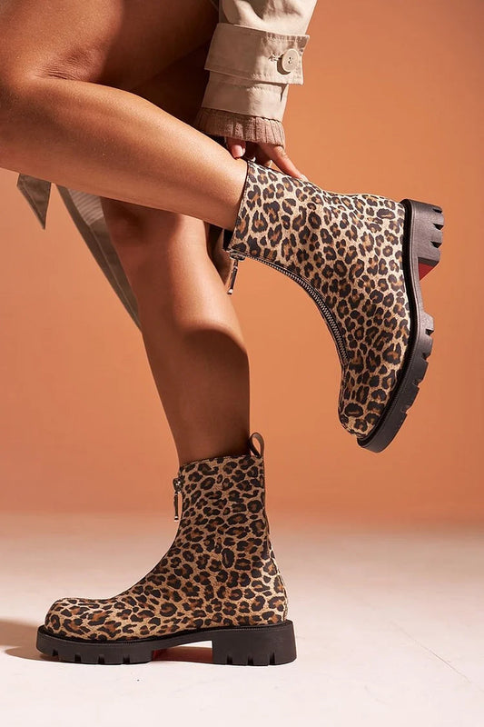 Leopard Print Zipper Round Toe Chunky Heel Khaki Ankle Boots [Pre Order]