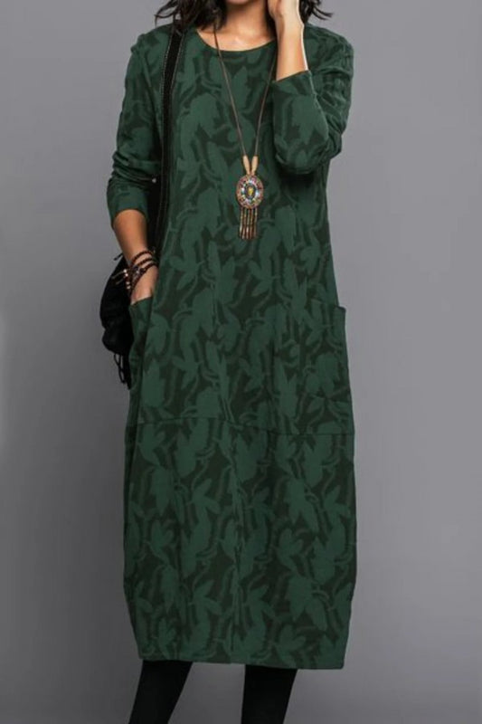 Abstract Print Crew Neck Long Sleeves Midi Dress