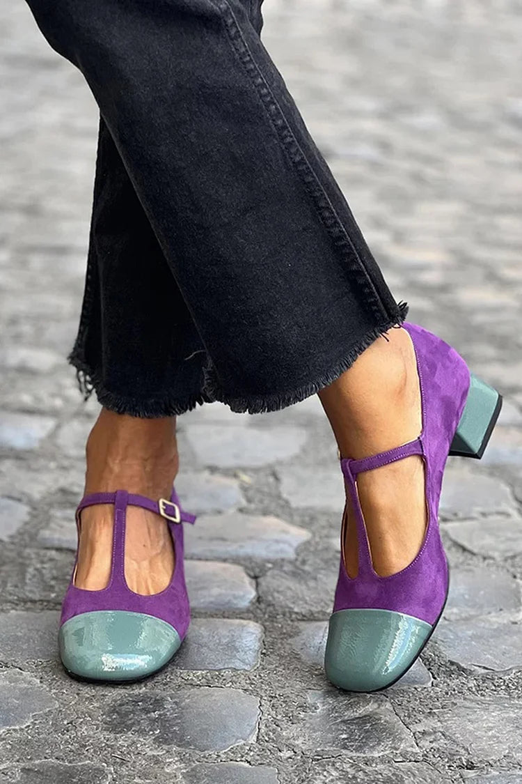 Colorblock T-Strap Buckle Round Toe Purple Chunky Heels [Pre Order]