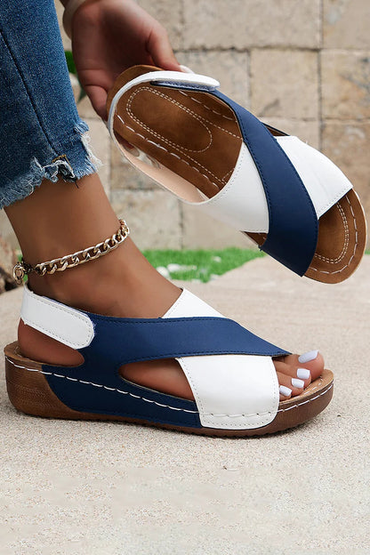 Quilted Color Block Magic Stick Closure Muffin Wedge Sandals