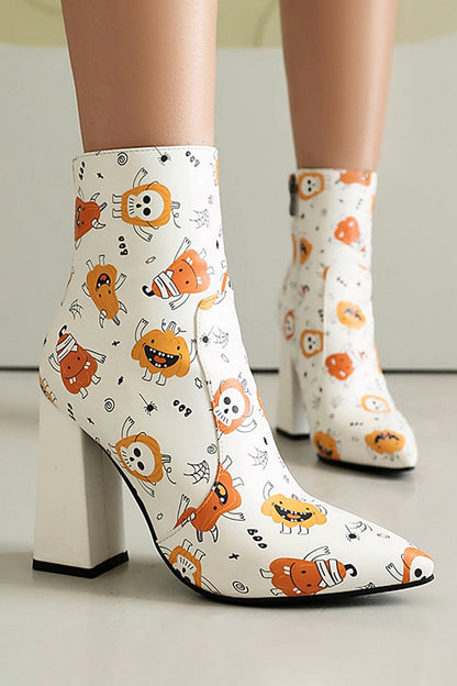 Halloween Pumpkin Skull Print Pointe Toe Chunky Heel Ankle Boots