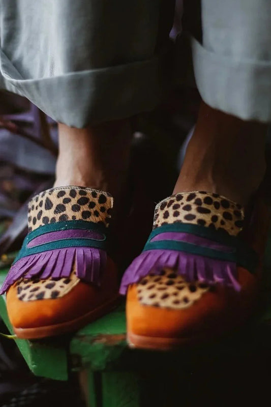 Colorblock Fringe Square Toe Leopard Print Brown Loafers