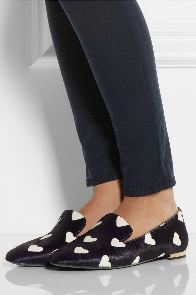 Casual Love Print Pointy Toe Slip On Black Flats [Pre Order]