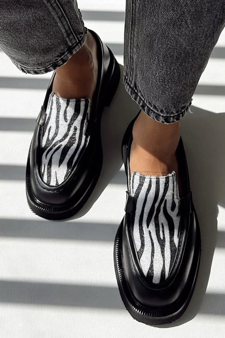 Round Toe Patchwork Zebra Print Black Loafers [Pre Order]