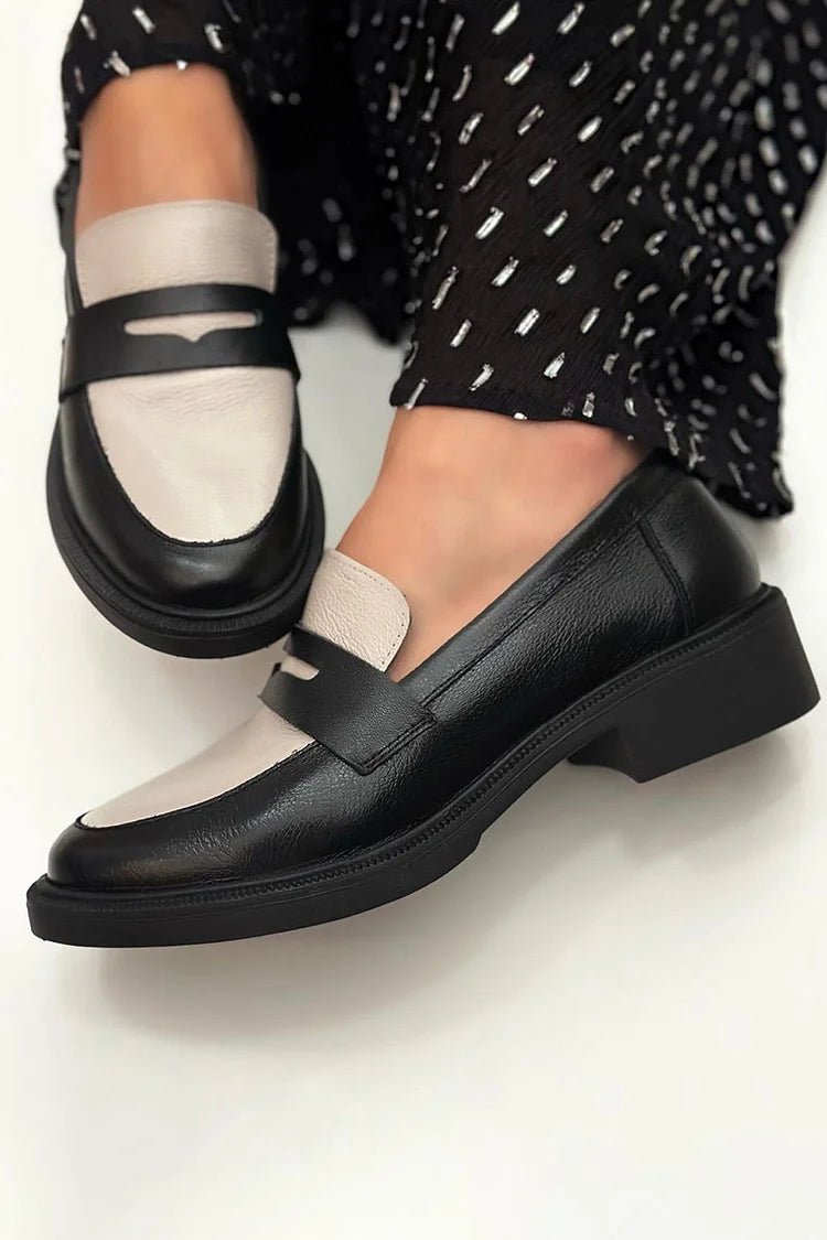 Round Toe Colorblock Chunky Heel Black Loafers [Pre Order]