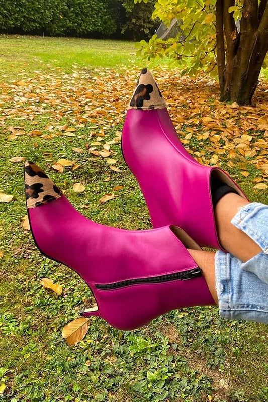 Leopard Print Patchwork Pointed Toe Fuchsia Heel Boots