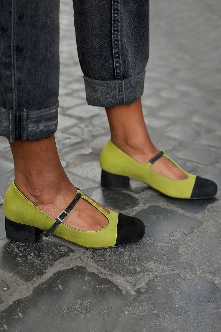 T-Strap Buckle Round Toe Colorblock Green Chunky Heels [Pre Order]