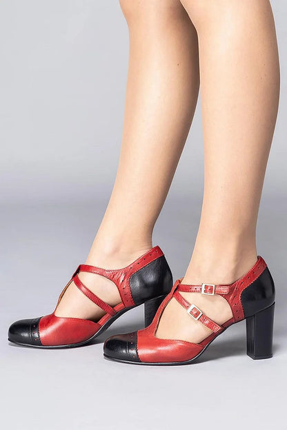 Colorblock Round Toe Elegant Red Chunky Heels [Pre Order]