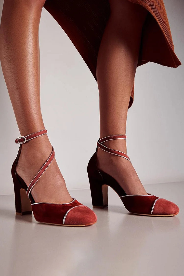 Round Toe Patchwork Ankle Strap Buckle Burgundy Chunky Heels [Pre Order]