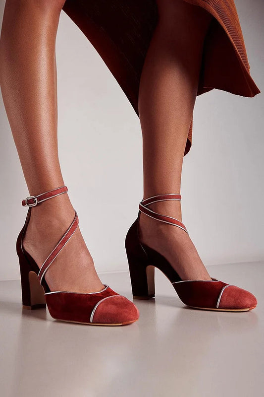 Round Toe Patchwork Ankle Strap Buckle Burgundy Chunky Heels [Pre Order]