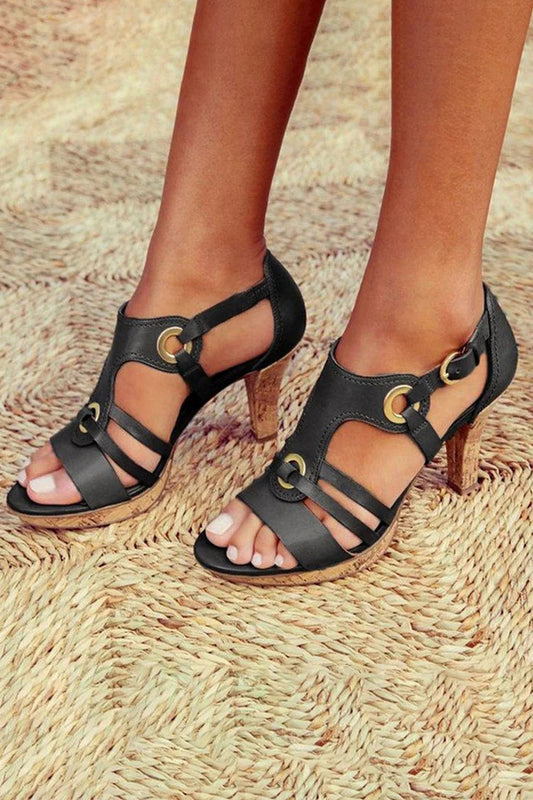 O-Ring Studded Strappy Peep Toe Solid Color Chunky Heels