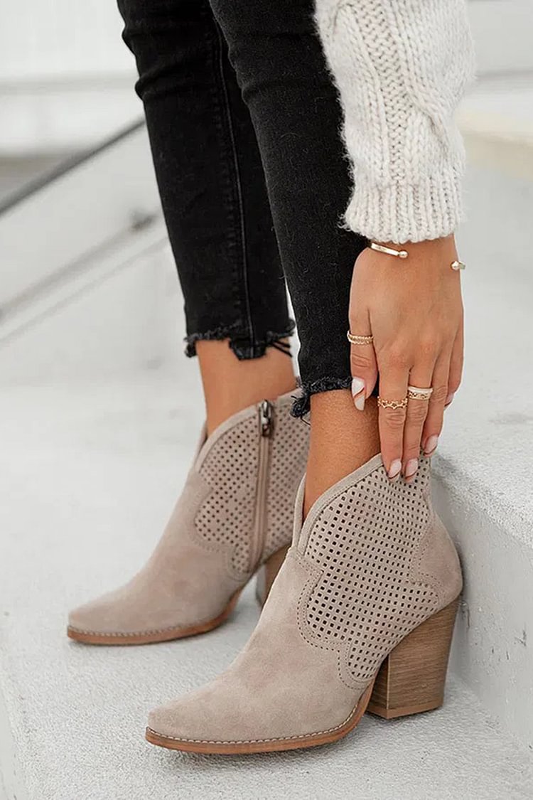 Hollow Out Solid Color Pointed Toe Taupe Ankle Boots [Pre Order]