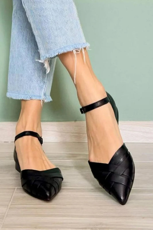 Woven Ankle Strap Buckle Pointed Toe Black Flats [Pre Order]