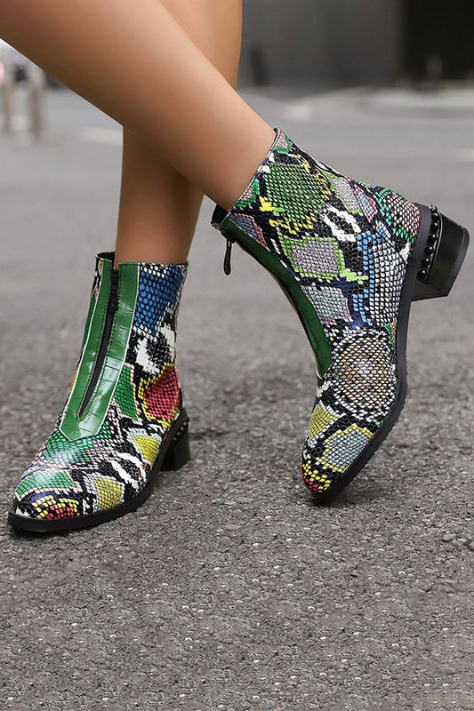 Multicolor Snake Print Patchwork Zipper Round Toe Ankle Boots