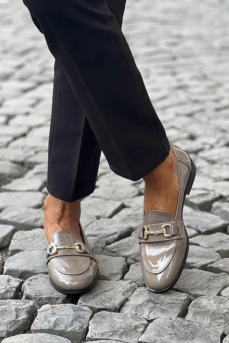 Metallic Buckle Decor Round Toe Casual Taupe Loafers [Pre Order]