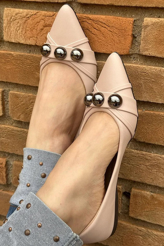Metallic Studded Patchwork Pointed Toe Nude Flats [Pre Order]