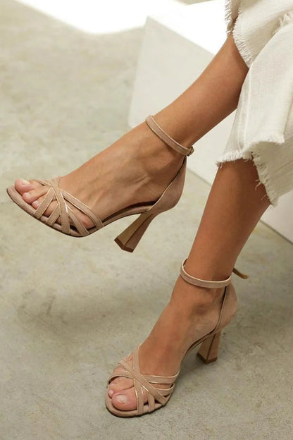 Patchwork Peep Toe Ankle Strap Buckle Light Brown Stiletto Heels