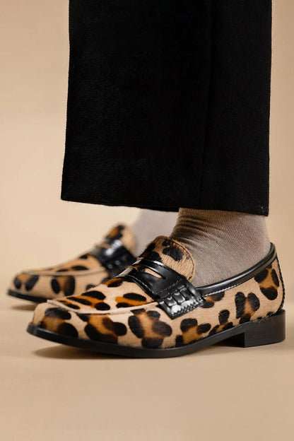 Leopard Print Patchwork Round Toe Khaki Loafers [Pre Order]