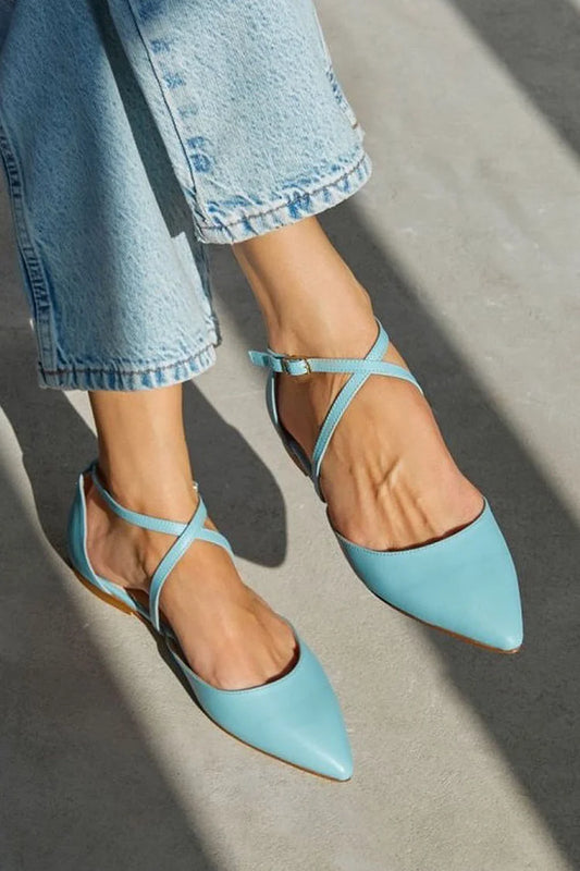 Pointed Toe Cross Strap Buckle Plain Blue Flats [Pre Order]