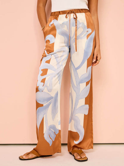 Exquisite Contrast Tie-Dye Floral Loose Wide-Leg Trousers