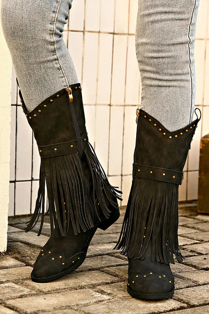 Metal Rivets Fringed Trim Pointed Toe Chunky Heel Mid Calf Boots