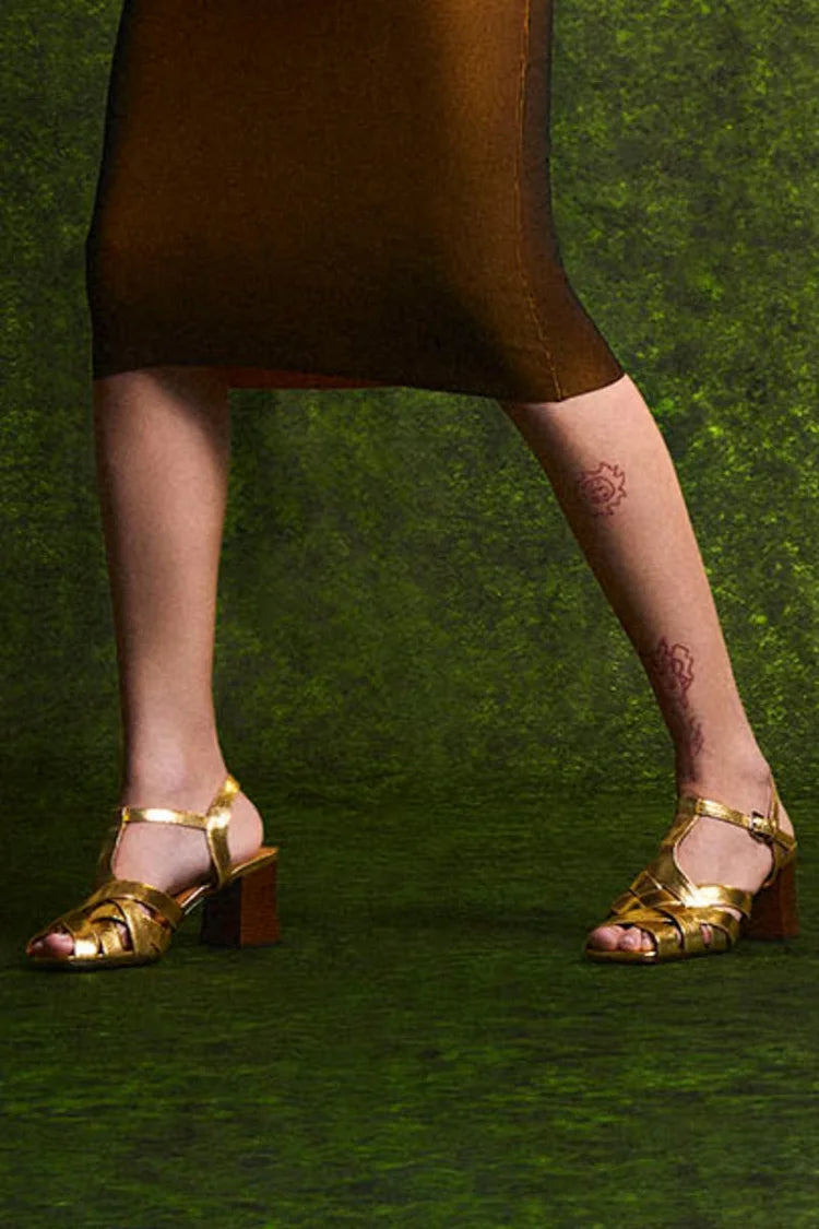 Metallic Sheen Woven T-Strap Buckle Gold Chunky Heels [Pre Order]