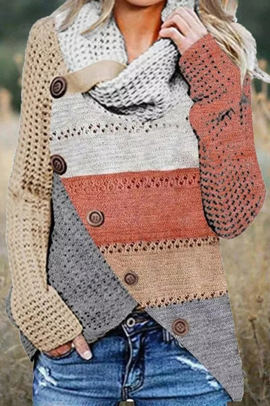 Color Block Heaps Collar Buttons Long Sleeves Sweater