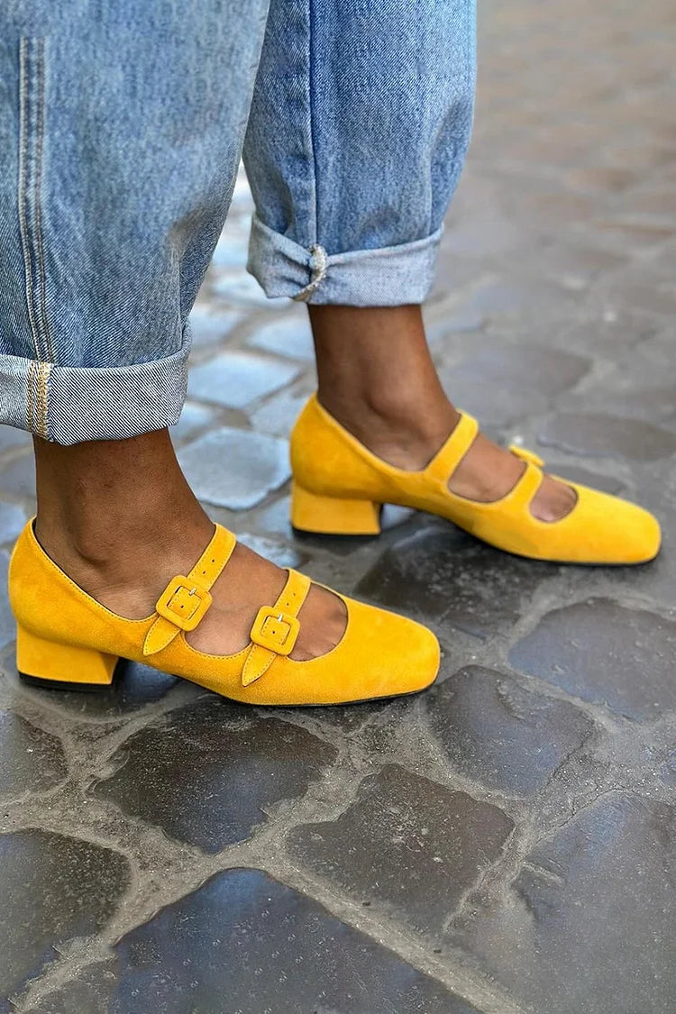 Square Toe Two Straps Buckles Yellow Low Heels [Pre Order]