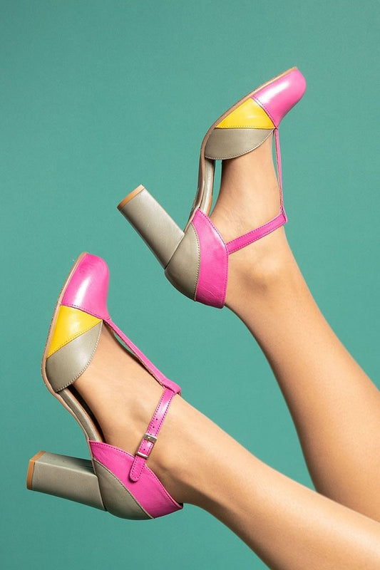 Colorblock Round Toe T-Strap Buckle Fuchsia Chunky Heels [Pre Order]