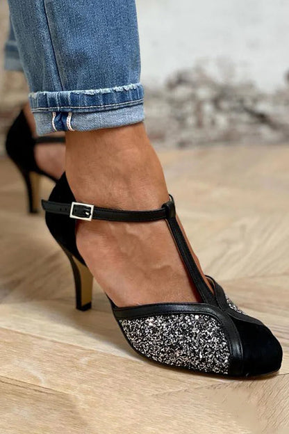 Round Toe T-Strap Buckle Glitter Black Stiletto Heels