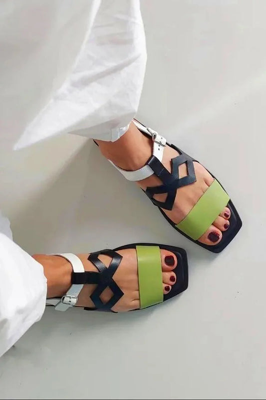 Colorblock Hollow Out Square Toe Black Sandals [Pre Order]