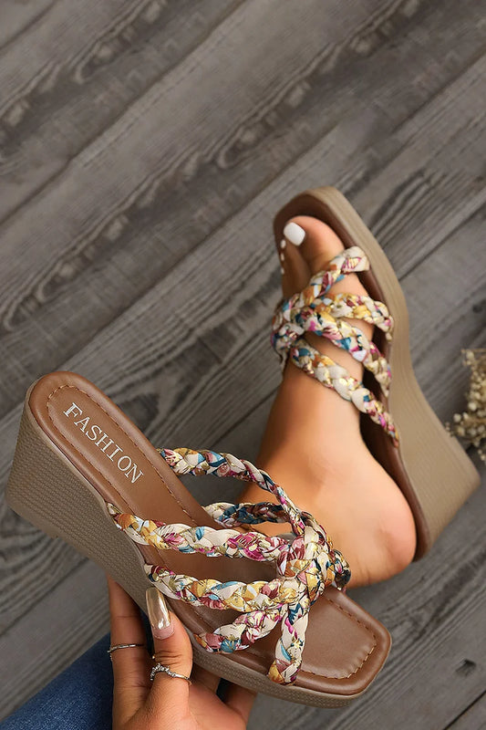 Floral Print Woven Strap Knotted Square Toe Wedge Slippers