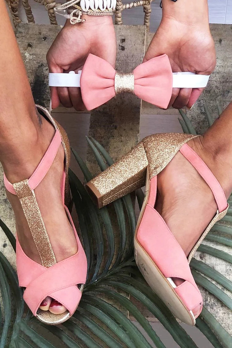 Crossover Strap Colorblock Glitter Peep Toe Pink Chunky Heels [Pre Order]