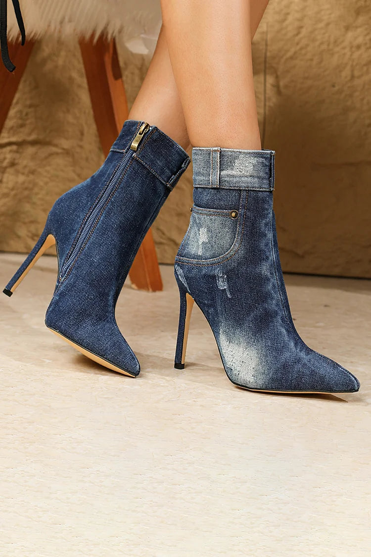 Pointed Toe Patchwork Zipper Stiletto Heel Denim Ankle Boots