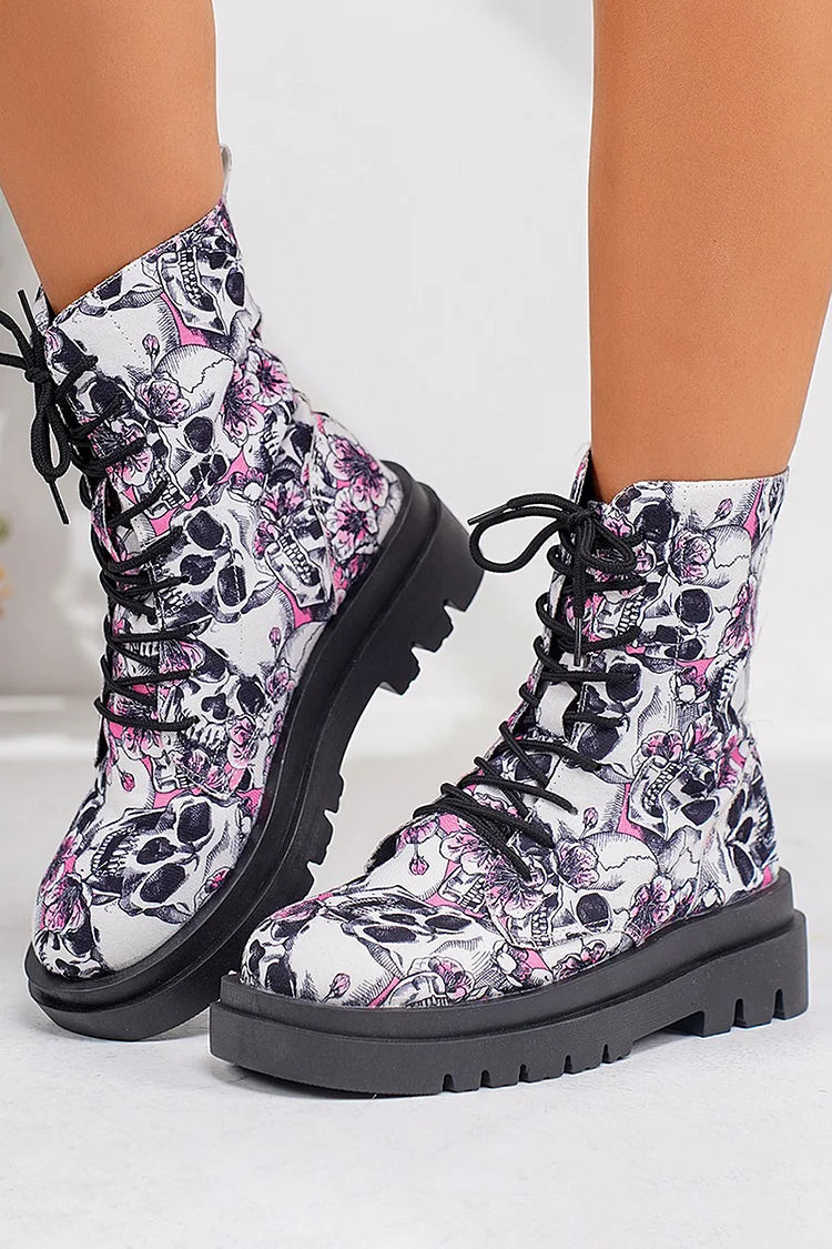 Flower Skull Print Round Toe Casual Lace Up Ankle Boots