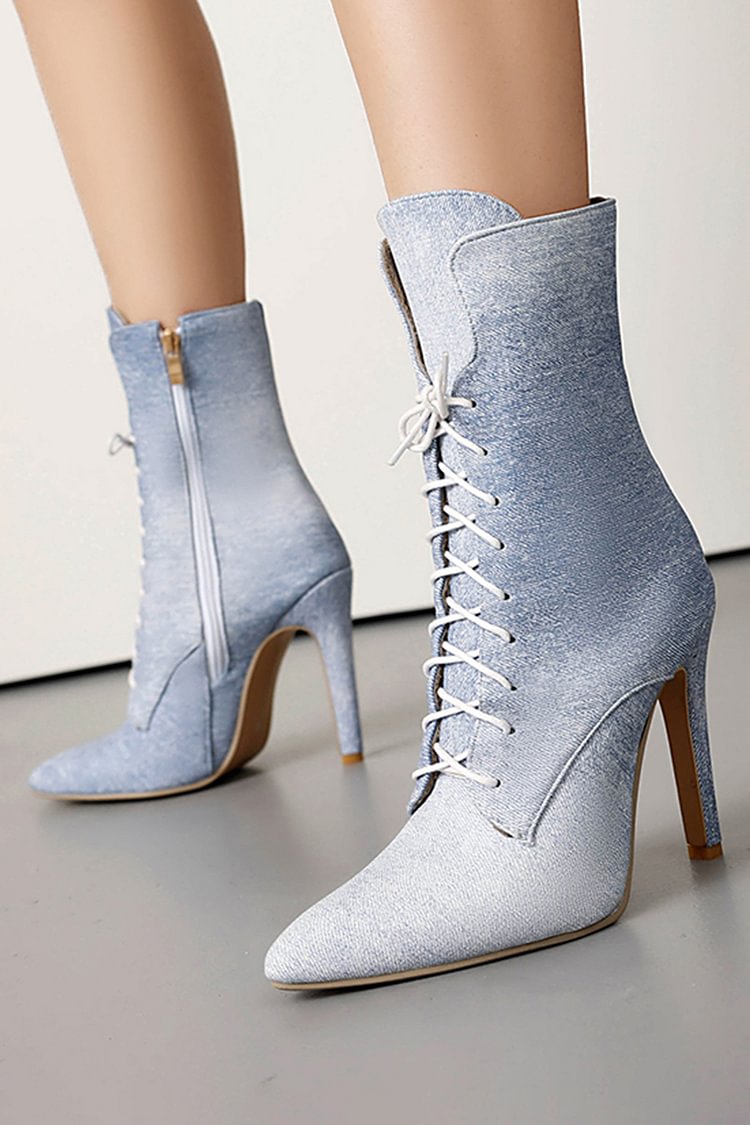 Denim Gradient Color Pointed Toe Stiletto Heel Lace Up Mid Calf Boots