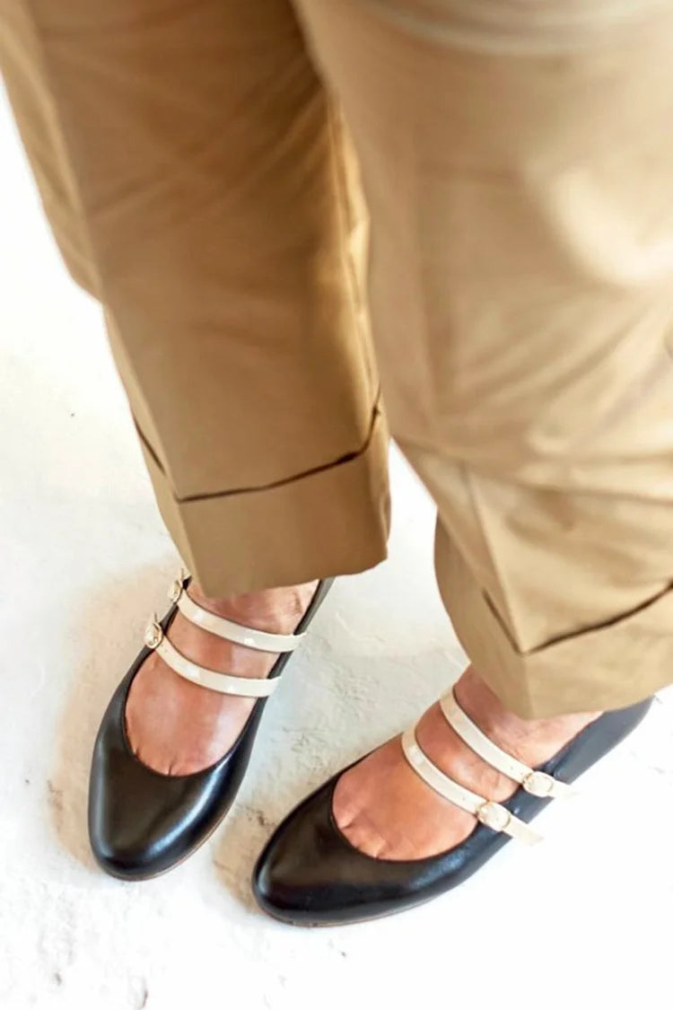 Round Toe Colorblock Instep Straps Buckles Black Flats [Pre Order]