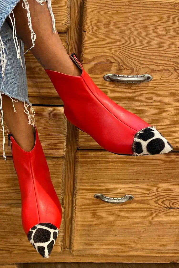 Animal Print Patchwork Pointed Toe Red Ankle Boots [Pre Order]