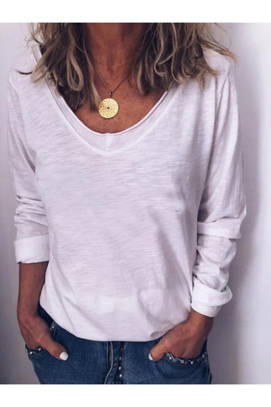 Plain Crew Neck Long Sleeve Basic Blouse