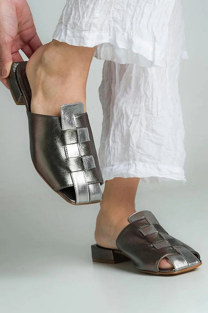 Metallic Sheen Woven Square Toe Silver Mules [Pre Order]