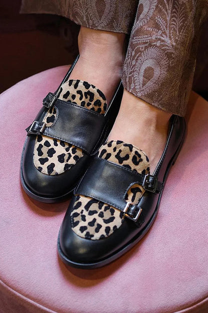 Round Toe Leopard Print Patchwork Black Loafers [Pre Order]