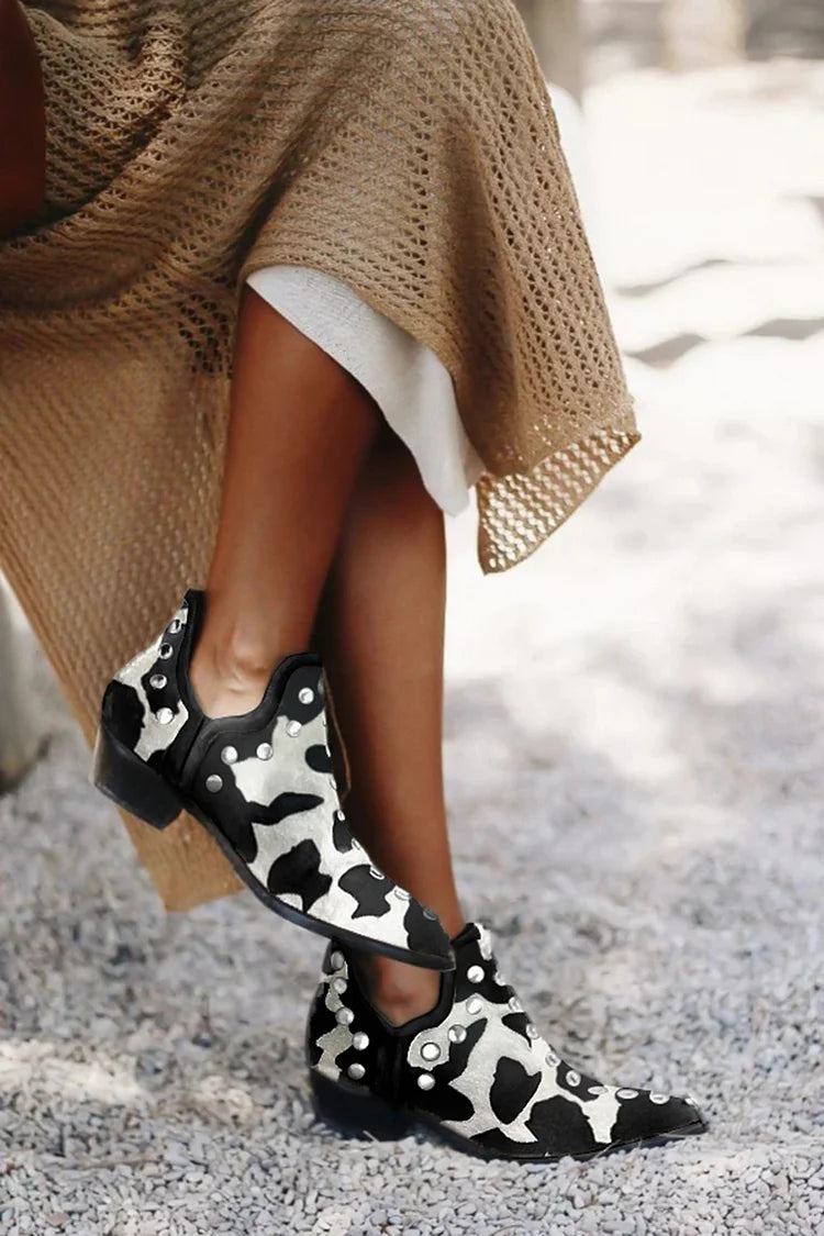 Cow Print Metal Rivets Pointed Toe Black Ankle Boots [Pre Order]