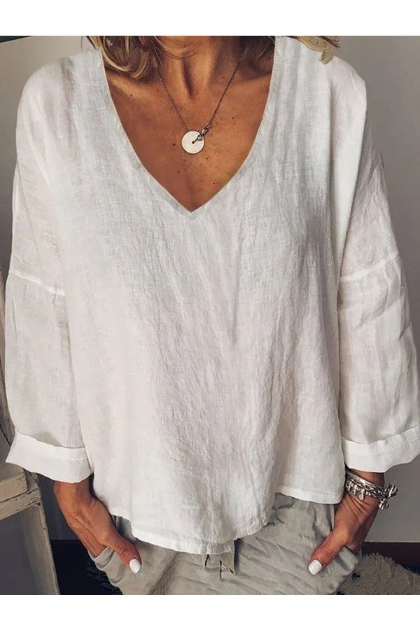 Casual Plain V Neck Long Sleeve Regular Loose Blouse