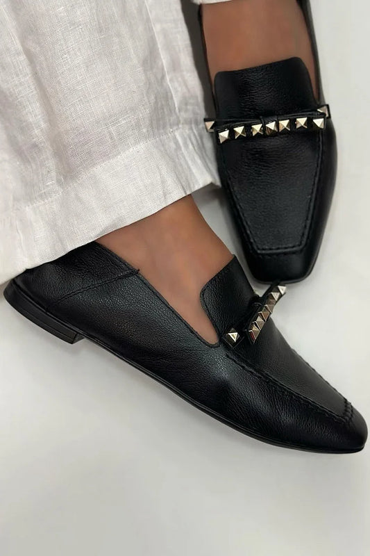 Rivet Decor Square Toe Stitch Detail Black Loafers [Pre Order]