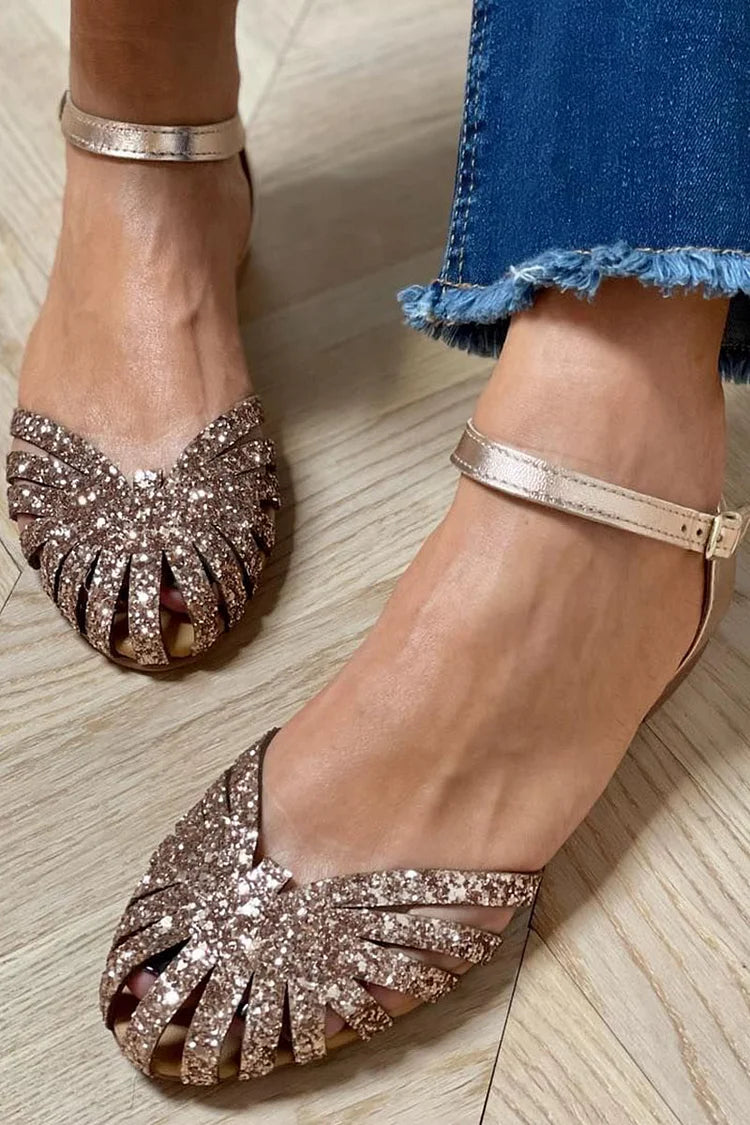 Ankle Strap Buckle Round Toe Glitter Gold Flats [Pre Order]