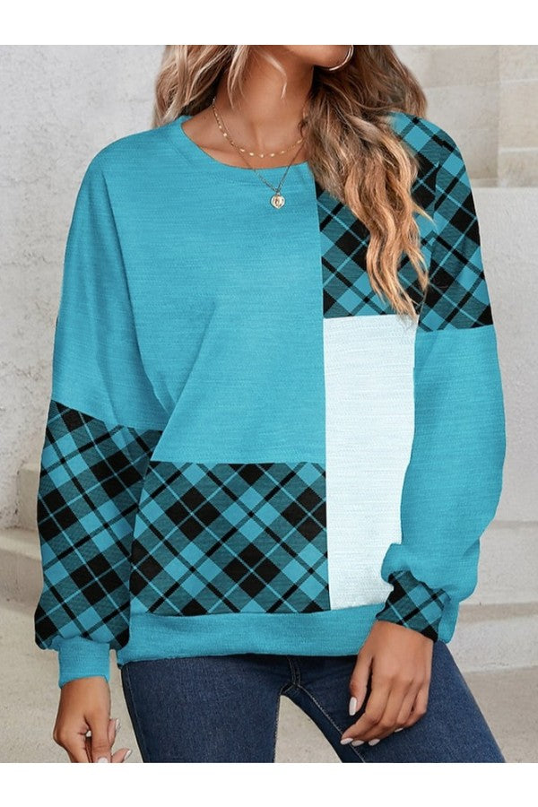 Crew Neck Plaid Sweatshirt Long Sleeve Spring Fall Casual Wear