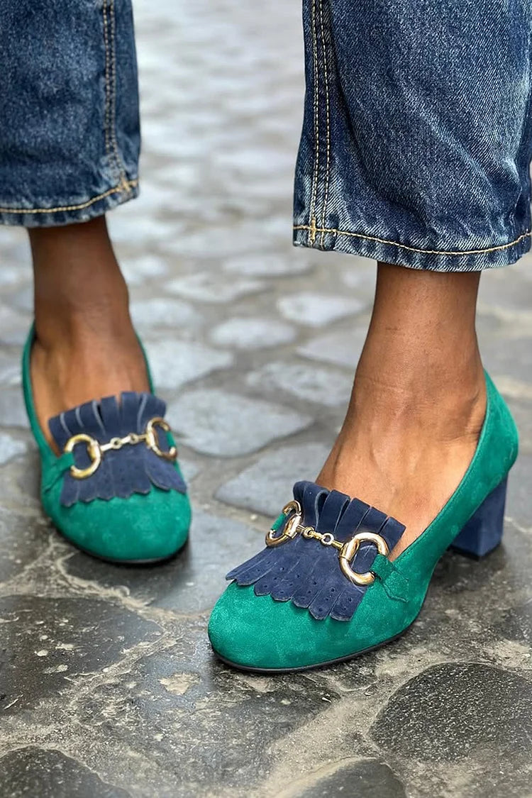 Colorblock Fringe Metal Buckle Green Chunky Heels [Pre Order]