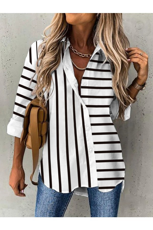 Striped Shirt Collar Long Sleeve Loose Blouse