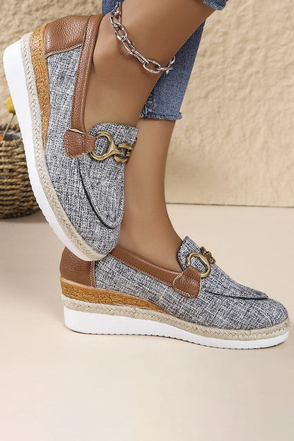 Metal Buckle Decor Patchwork Round Toe Wedge Heel Loafers